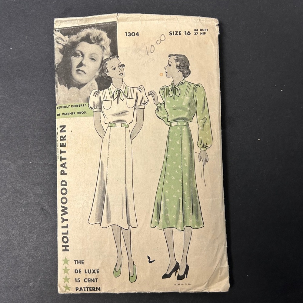 Vintage 30's Hollywood Pattern 1304 Sewing Pattern Women Size 16 Dress HTF RARE